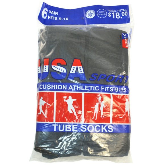 Mens Black Athletic Tube Socks 6 Pairs - Picture 4 of 4